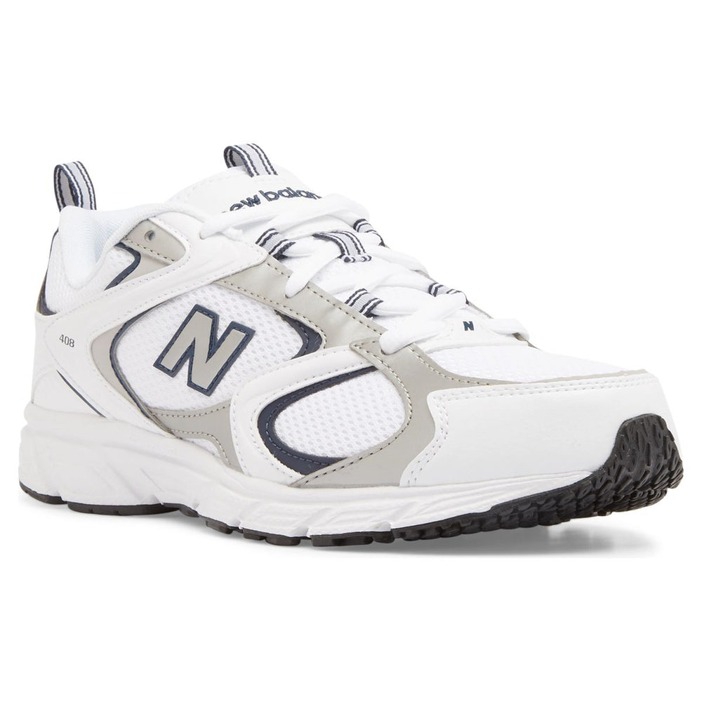 Men's white mesh training sneaker with indigo and grey overlays, white laces, and a thick white sole. Style #ML408A.