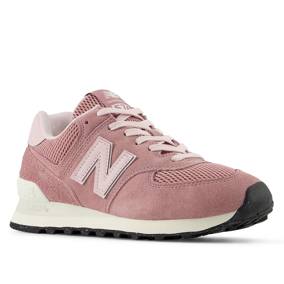 Pink plum suede and mesh sneaker with a light pink logo, white midsole, and black rubber outsole. Style #WL57424E