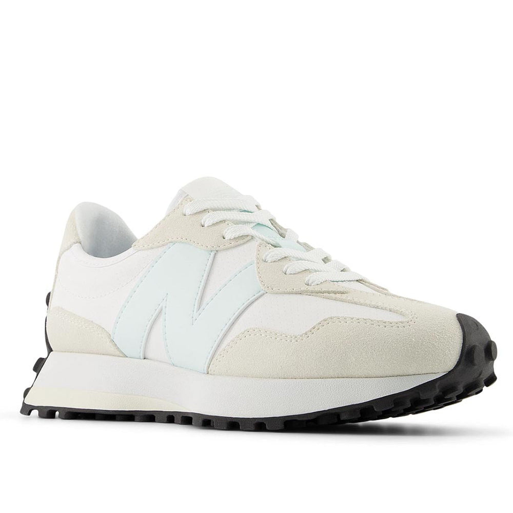 Women's off-white and blue retro sneaker with a large 'N' logo, suede overlays, and a lugged black rubber outsole. Style #WS327KE