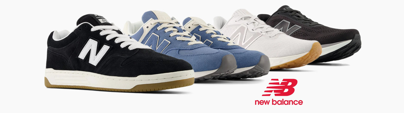 Four New Balance sneakers in black, blue, and white on a white background with New Balance logo.