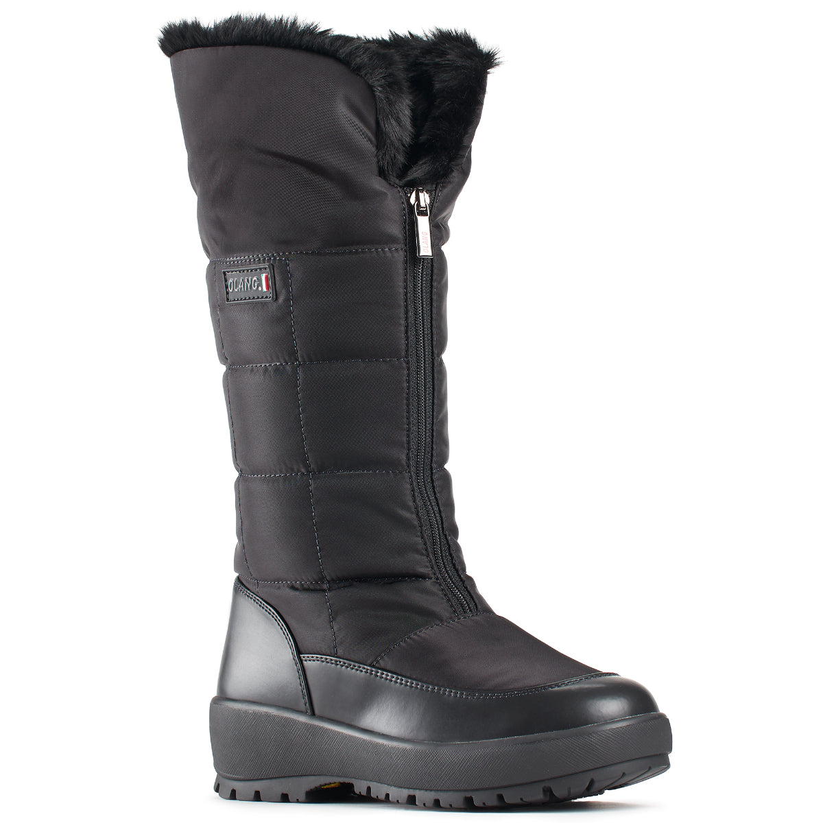 Tall black vegan winter boot with quilted PU exterior, full front zipper, wool lining, and OC grip outsole—sleek and warm down to -30°C.