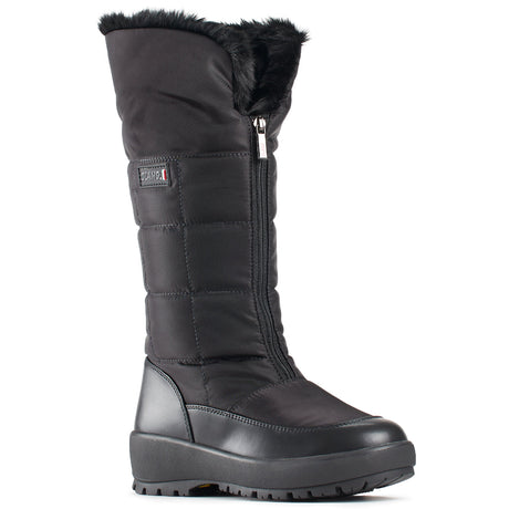 Tall black vegan winter boot with quilted PU exterior, full front zipper, wool lining, and OC grip outsole—sleek and warm down to -30°C.