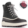 A waterproof insulated winter boot with lace for women. Has an anti slip foldable cleat for grip. In black Olang Calgary.