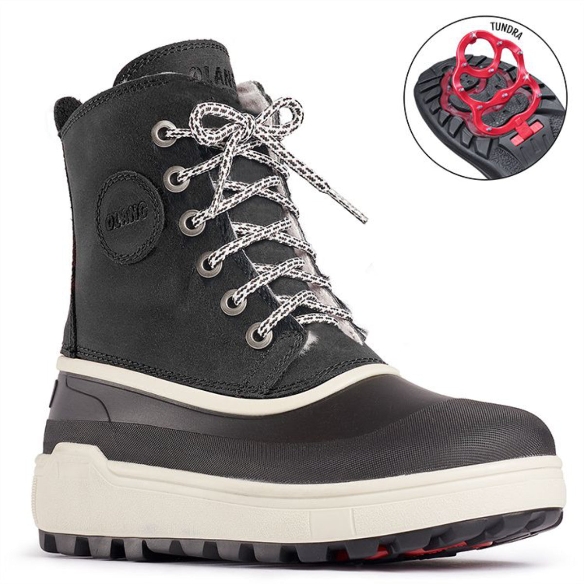 A waterproof insulated winter boot with lace for women. Has an anti slip foldable cleat for grip. In black Olang Calgary.