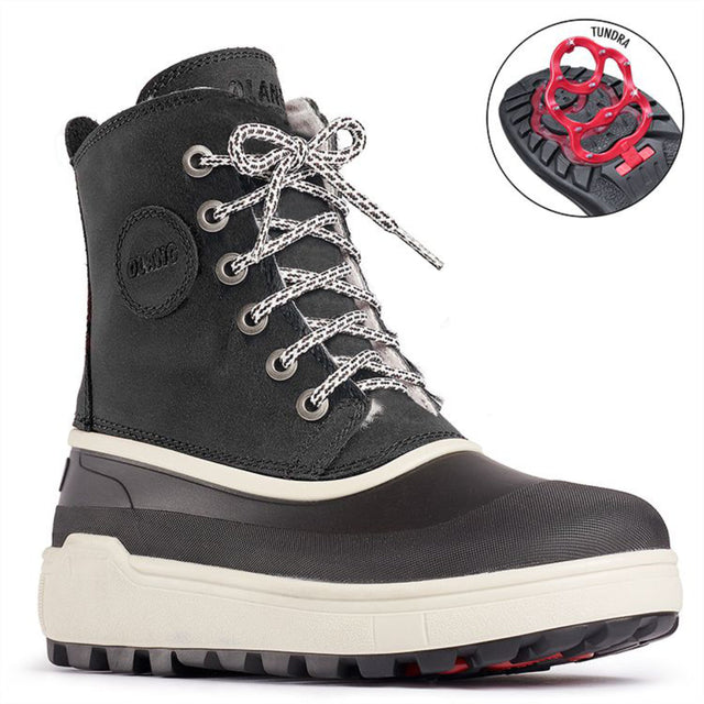 A waterproof insulated winter boot with lace for women. Has an anti slip foldable cleat for grip. In black Olang Calgary.
