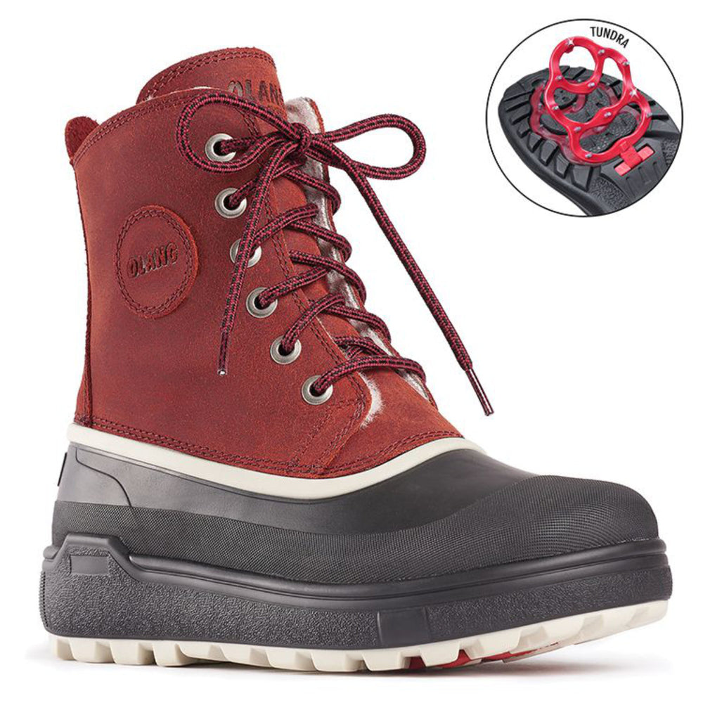 A pair of red and black winter boots named Calgary by Olang with lace-up closure, featuring a waterproof membrane and additional ISOWARM insole. Foldable cleats to help prevent slips