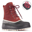 A pair of red and black winter boots named Calgary by Olang with lace-up closure, featuring a waterproof membrane and additional ISOWARM insole. Foldable cleats to help prevent slips