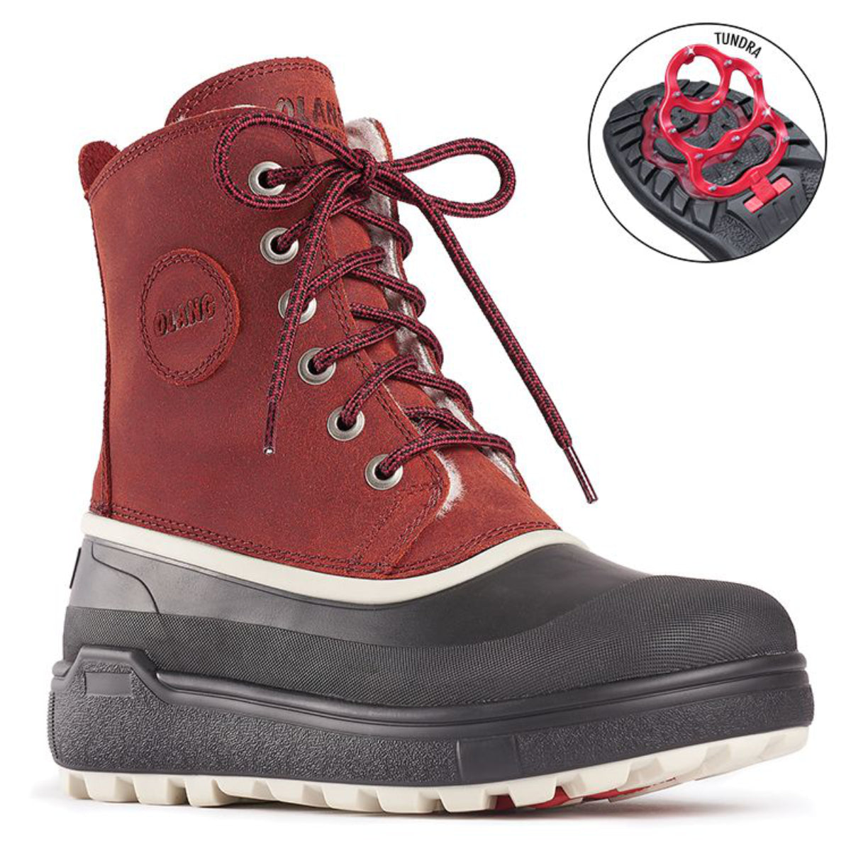 A pair of red and black winter boots named Calgary by Olang with lace-up closure, featuring a waterproof membrane and additional ISOWARM insole. Foldable cleats to help prevent slips