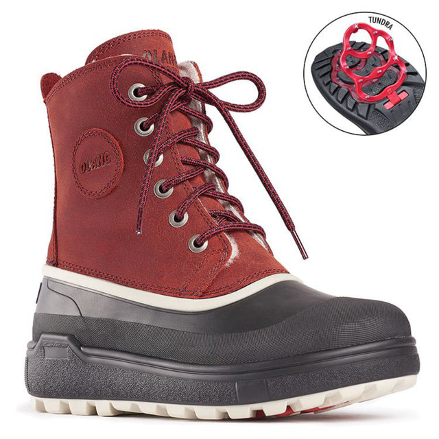 A pair of red and black winter boots named Calgary by Olang with lace-up closure, featuring a waterproof membrane and additional ISOWARM insole. Foldable cleats to help prevent slips