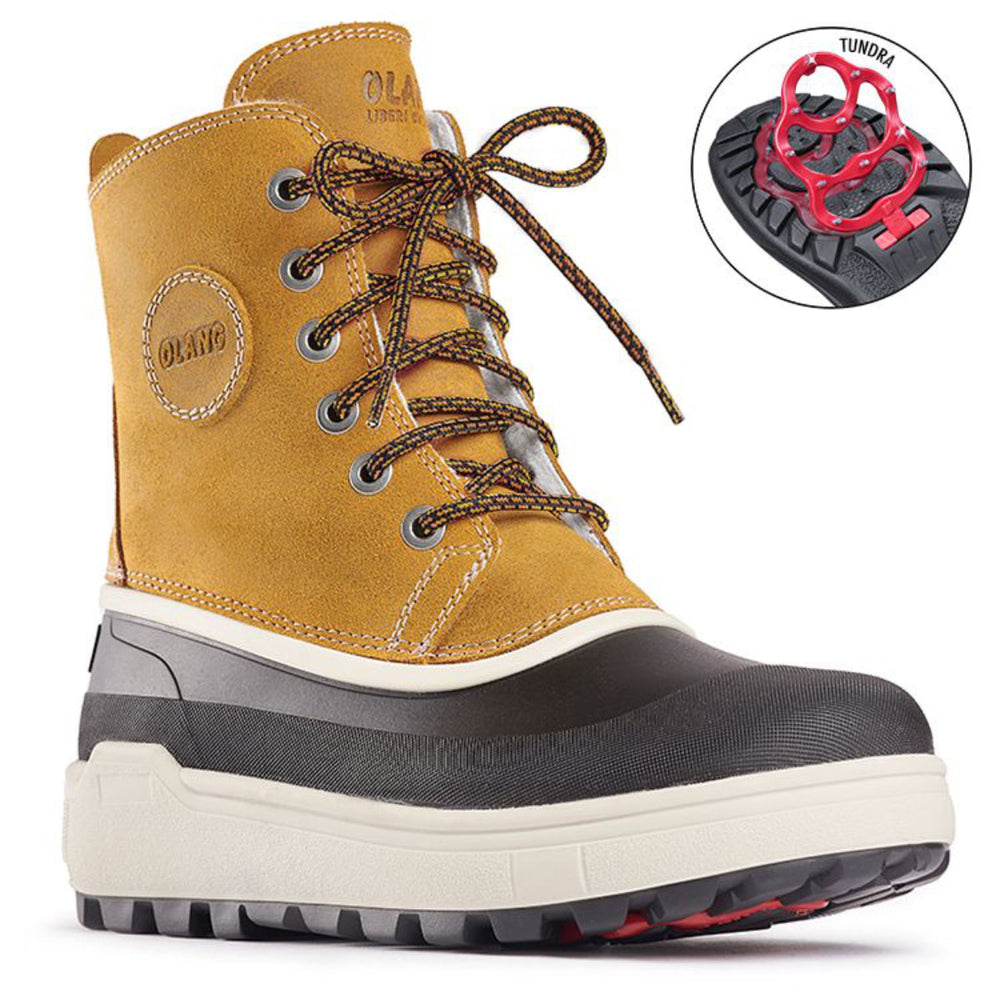 A pair of winter warm waterproof boots by Olang called Calgary with oiled leather exterior, lace-up closure, and rubber outsole. The boots are primarily brown with a black sole and additional details. They have foldable cleats to help you from slipping. 