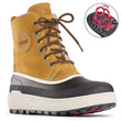 A pair of winter warm waterproof boots by Olang called Calgary with oiled leather exterior, lace-up closure, and rubber outsole. The boots are primarily brown with a black sole and additional details. They have foldable cleats to help you from slipping. 