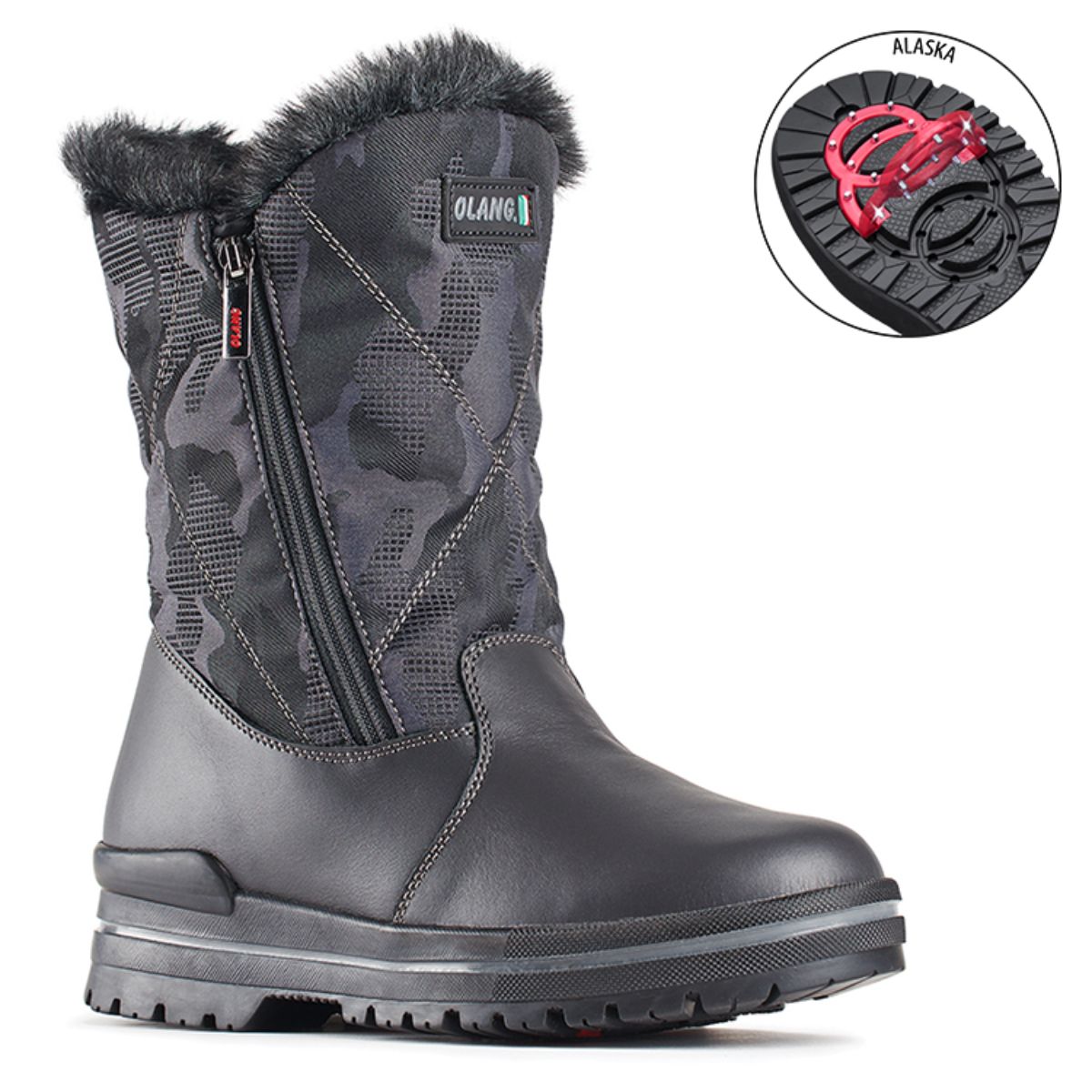Mid-calf black winter boot with camo textile upper, side zip, faux fur trim, and red ice cleats on sole.