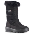 Black quilted vegan winter boot with wool lining, side zipper, and stainless steel cleats for grip—Olang Gemma OC Zip designed for -30°C Canadian winters.