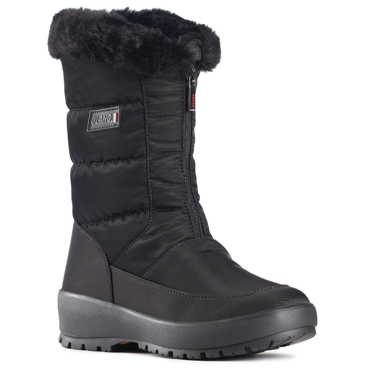 Black quilted vegan winter boot with wool lining, side zipper, and stainless steel cleats for grip—Olang Gemma OC Zip designed for -30°C Canadian winters.