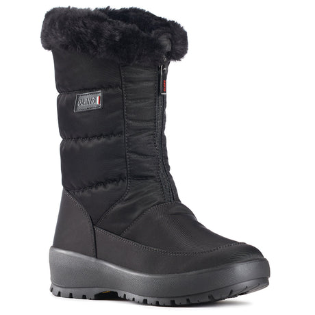 Black quilted vegan winter boot with wool lining, side zipper, and stainless steel cleats for grip—Olang Gemma OC Zip designed for -30°C Canadian winters.