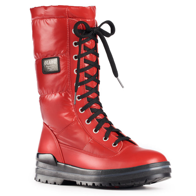 Mid-calf black quilted winter boot with glossy PU finish, faux laces, and side zip—Olang Glamour OC Zip with cleated OC System® sole.