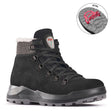Angled view of Olang Parigi 2.0 Nero winter boots with black hydro-suede upper, padded Cordura collar, lace closure, wool lining, and REGINA outsole with pivoting stainless steel cleats.