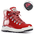 A red waterproof warm winter boot with a lace closure and a thick sole designed for outdoor use. The boot has a patent leather look and is pictured with a detail showing the temperature range it provides comfort in. Has folding clips to help prevent slipping. 