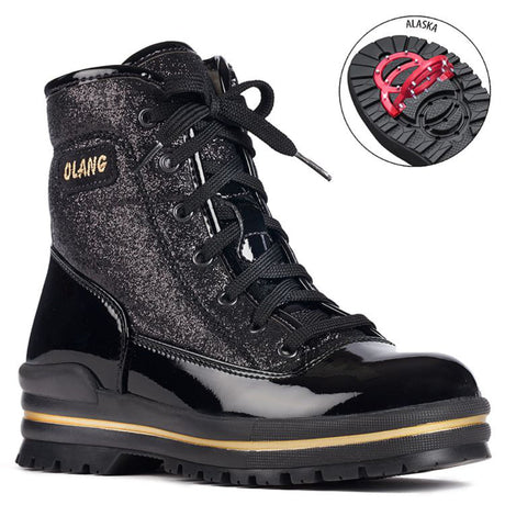 Side view of Olang Pop Lace Black winter boots featuring patent leather and glitter textile upper, wool lining, zipper and lace closure, and cleated ALASKA outsole for traction.