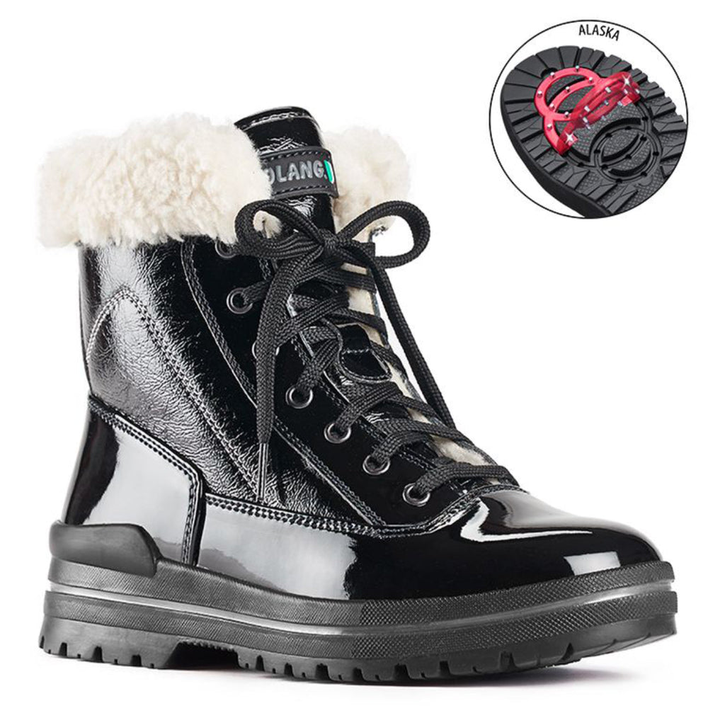 Olang Rimini OC Lace Black boots with shiny patent leather-look upper, lace-up front, wool lining, and ALASKA outsole with OC System® ice grips.