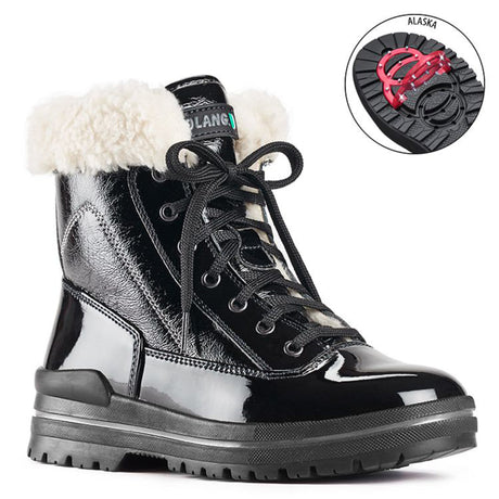 Olang Rimini OC Lace Black boots with shiny patent leather-look upper, lace-up front, wool lining, and ALASKA outsole with OC System® ice grips.