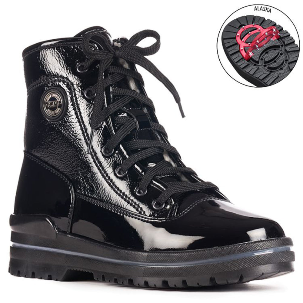 Olang Sound OC Lace Black winter boots with patent leather upper, lace closure, wool lining, and ALASKA outsole with OC System® grips for traction on ice.