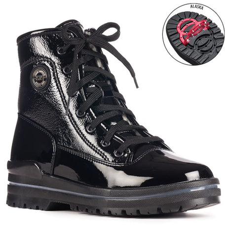 Olang Sound OC Lace Black winter boots with patent leather upper, lace closure, wool lining, and ALASKA outsole with OC System® grips for traction on ice.