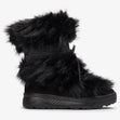 Olang black winter boot with fluffy faux fur cuffs, patterned shaft, front lace tie, and thick rubber lug sole.