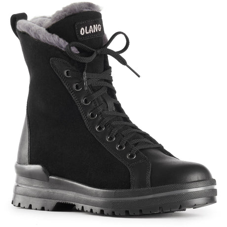 Olang Zaide Black women’s winter boots with leather and hydro-suede upper, shearling lining, lace and zipper closure, and ALASKA outsole with OC System® grips.