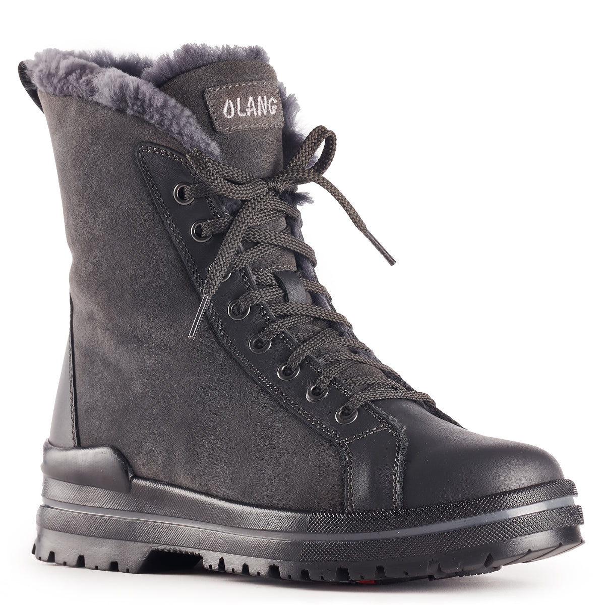 Olang Zaide Antracite women’s winter boots with leather and hydro-suede upper, shearling lining, lace and zipper closure, and ALASKA outsole with OC System® grips.