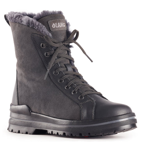 Olang Zaide Antracite women’s winter boots with leather and hydro-suede upper, shearling lining, lace and zipper closure, and ALASKA outsole with OC System® grips.