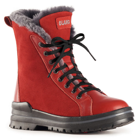 Olang Zaide Rosso Red women’s winter boots with full-grain leather and hydro-suede upper, shearling lining, lace and zipper closure, and ALASKA outsole with OC System® grips.