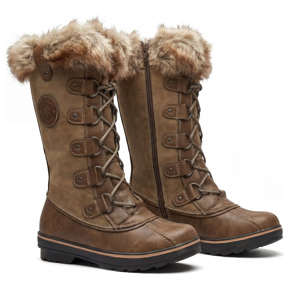 Women's tall, taupe lace-up winter boot with synthetic upper, faux fur collar, rugged rubber sole, and side zipper. Style #F3215.