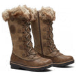 Women's tall, taupe lace-up winter boot with synthetic upper, faux fur collar, rugged rubber sole, and side zipper. Style #F3215.
