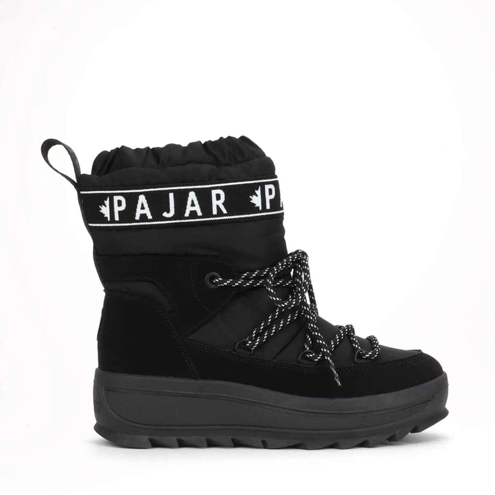 Black Galaxy Women's Pull ON Boot with lace-up closure and Pajar branding on the cuff. The boot has a round toe shape and a thick rubber traction sole.