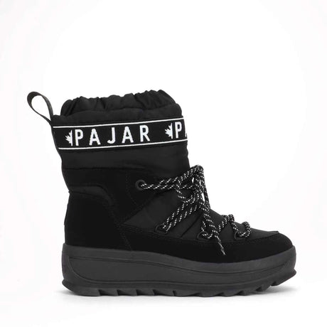 Black Galaxy Women's Pull ON Boot with lace-up closure and Pajar branding on the cuff. The boot has a round toe shape and a thick rubber traction sole.