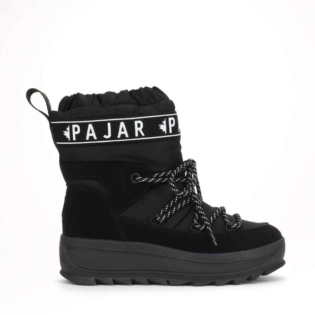 Black Galaxy Women's Pull ON Boot with lace-up closure and Pajar branding on the cuff. The boot has a round toe shape and a thick rubber traction sole.