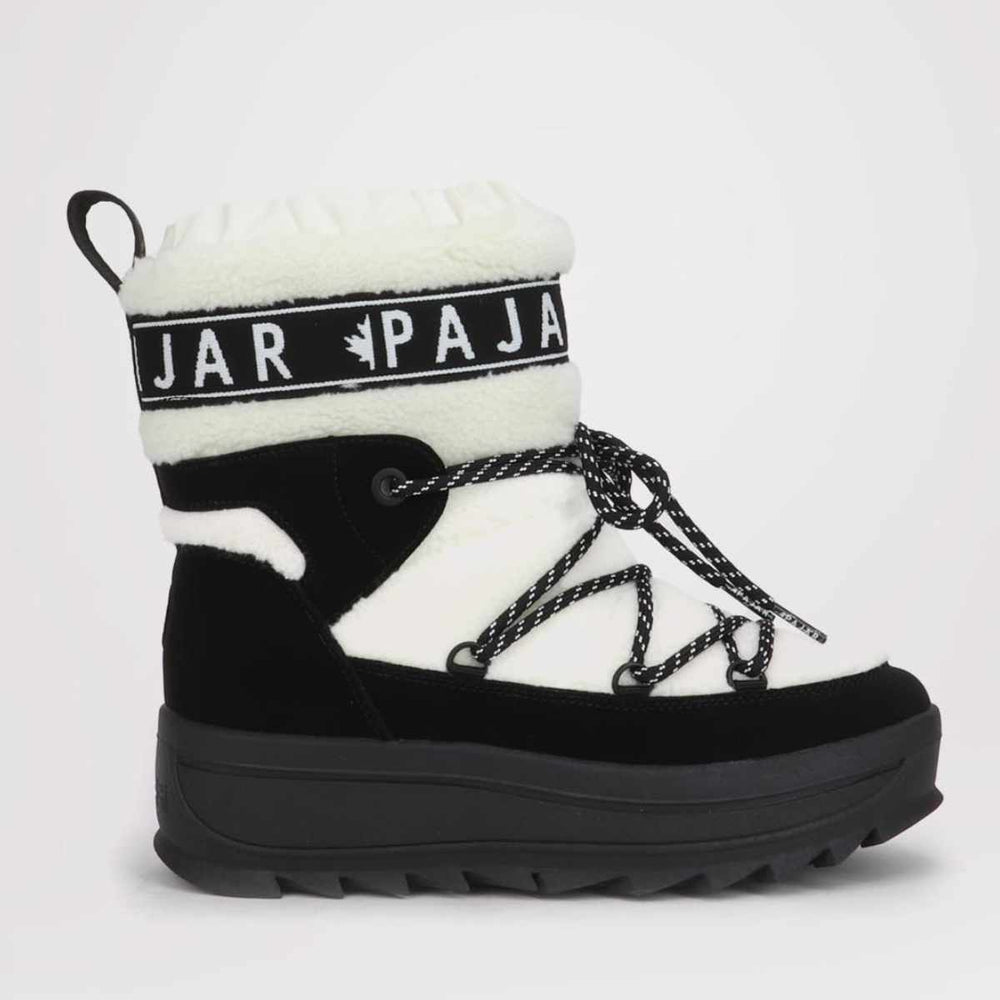 A women's winter boot with black and white color scheme, featuring a lace-up closure and a round toe. The boot has a visible brand label that reads 'PAJAR'.