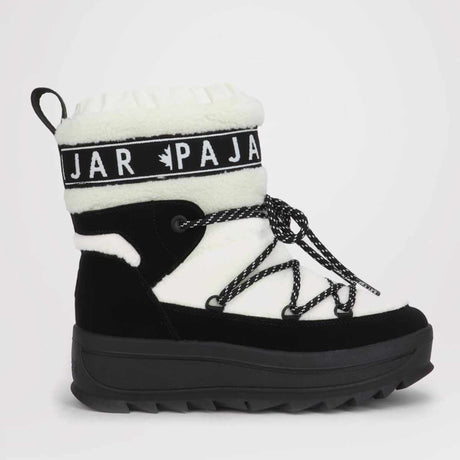 A women's winter boot with black and white color scheme, featuring a lace-up closure and a round toe. The boot has a visible brand label that reads 'PAJAR'.