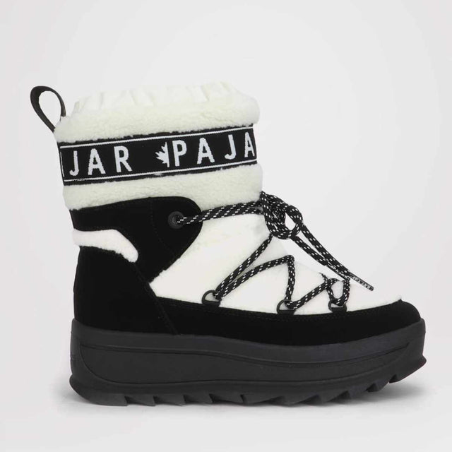 A women's winter boot with black and white color scheme, featuring a lace-up closure and a round toe. The boot has a visible brand label that reads 'PAJAR'.