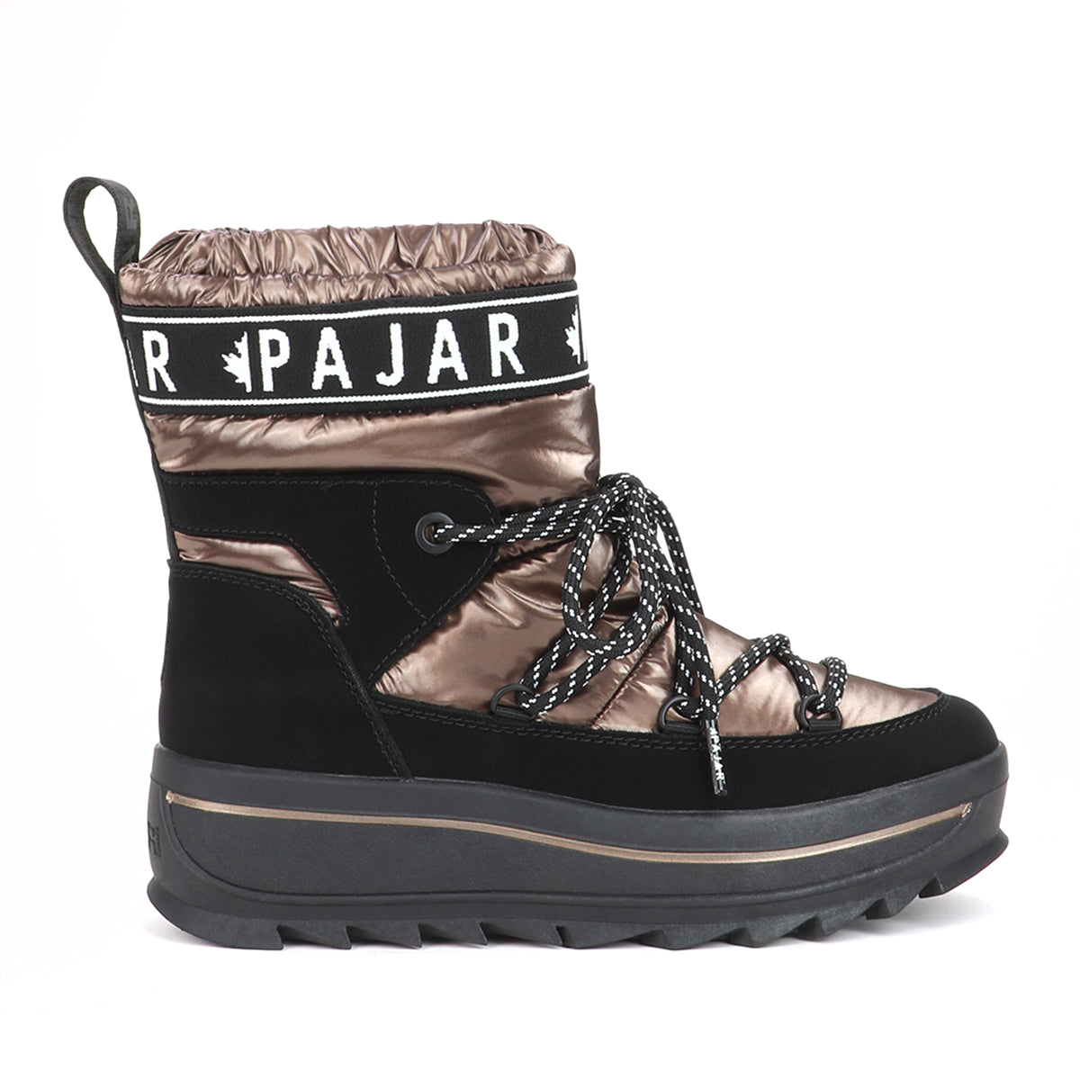 A women's winter boot with a black and bronze upper, a lace-up closure, and a black rubber sole. Pajar Galaxy boot. 