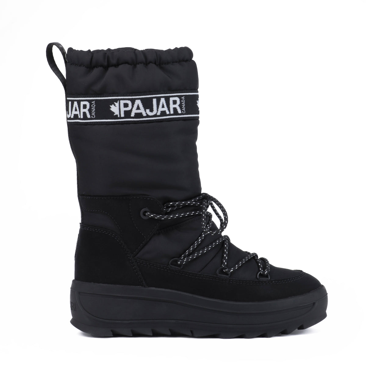 A black Galaxy Lama women's pull-on winter boot with a lace-up closure, featuring a waterproof upper and a round toe design. Pajar Galaxy High Black Boot.