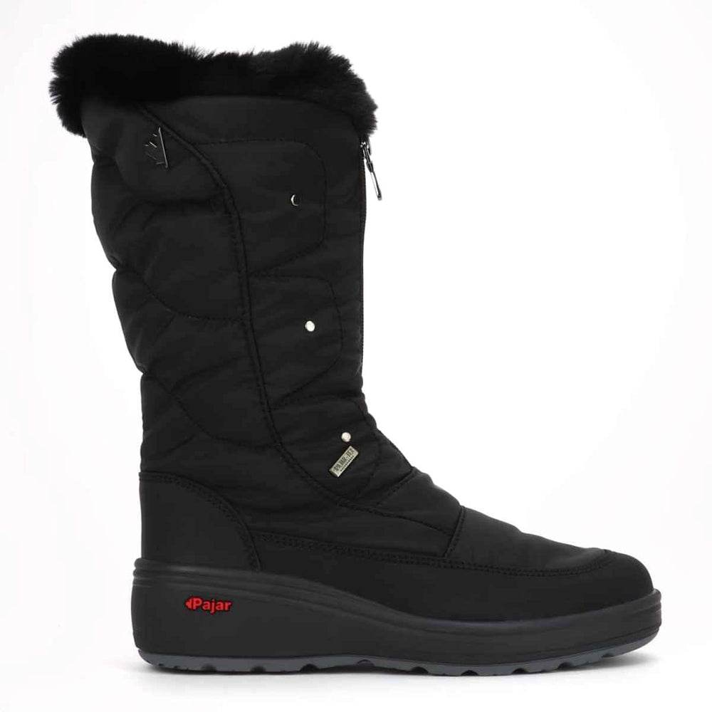 A black women's winter boot with a high shaft and fur lining, featuring a zipper and a round toe. The boot has a rubber outsole with Ice-Gripper foldable technology. Pajar Louisa Ice Gripper Boot.