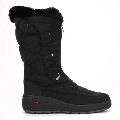A black women's winter boot with a high shaft and fur lining, featuring a zipper and a round toe. The boot has a rubber outsole with Ice-Gripper foldable technology. Pajar Louisa Ice Gripper Boot.