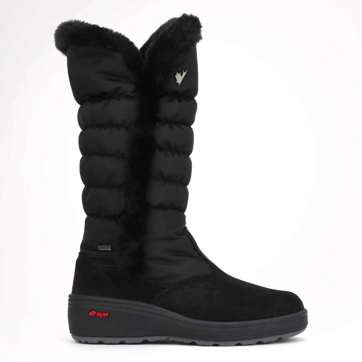 A black winter boot with ice grippers on the sole, featuring a high shaft and faux fur lining at the top. Pajar Sira Womens boot.