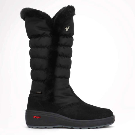 A black winter boot with ice grippers on the sole, featuring a high shaft and faux fur lining at the top. Pajar Sira Womens boot.