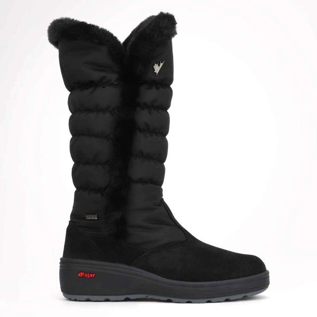 A black winter boot with ice grippers on the sole, featuring a high shaft and faux fur lining at the top. Pajar Sira Womens boot.