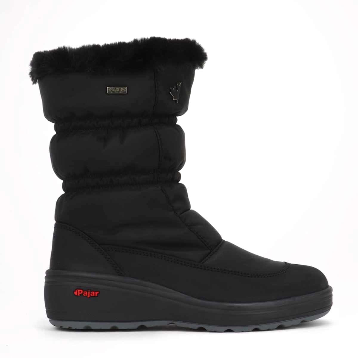 A black womens winter boot with faux fur lining at the top and an ice-gripper technology outsole. Snow Cap by Pajar.