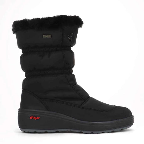 A black womens winter boot with faux fur lining at the top and an ice-gripper technology outsole. Snow Cap by Pajar.