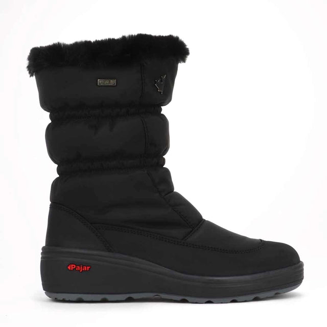 A black womens winter boot with faux fur lining at the top and an ice-gripper technology outsole. Snow Cap by Pajar.